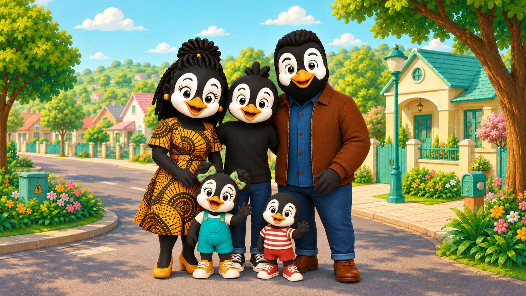 Anda Penguin and her family together in their sunny Penguitropolis neighbourhood