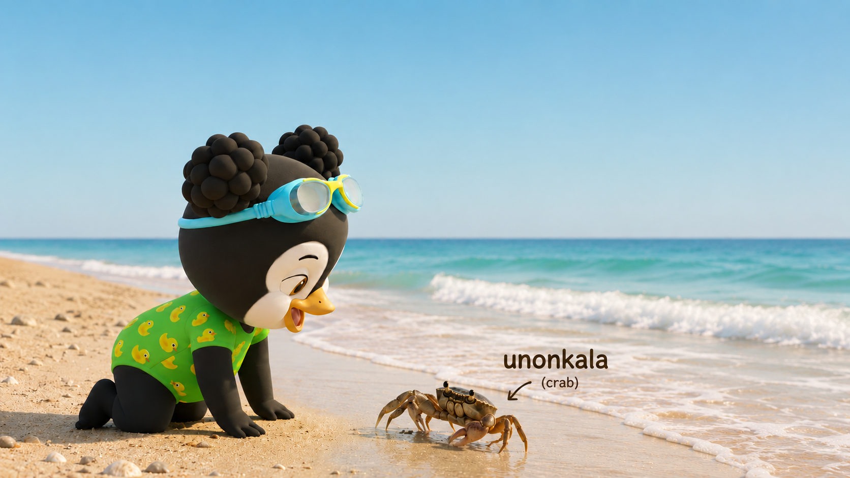 Anda Penguin learning the isiXhosa word unonkala at the beach