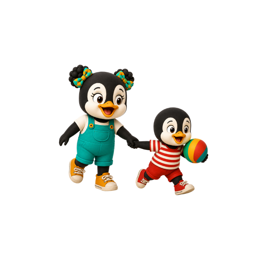 Anda holding Langa's hand while he carries a ball