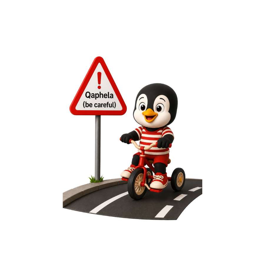 Langa riding a small bike next to a be careful sign