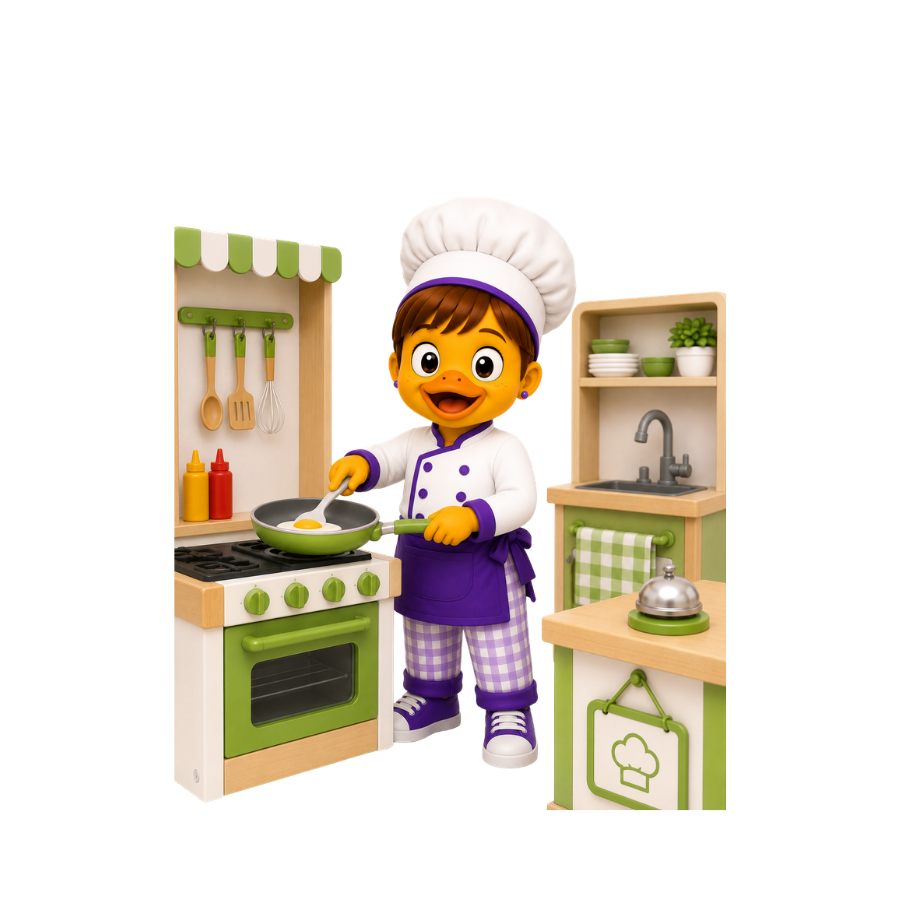 Sinobia cooking in her play kitchen